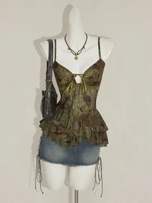 SHEIN ICON Women's Sexy Millennial Style Y2K Young Fashion Bohemian Style Green Paisley Pattern Print Bow Tie V-Neck Asymmetrical Ruffle Hem Slim Fit Top