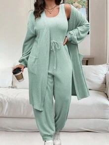 Vionelle 2件套女士纯色无袖连体裤和长袖开衫套装 - 薄荷綠 - 查看 1