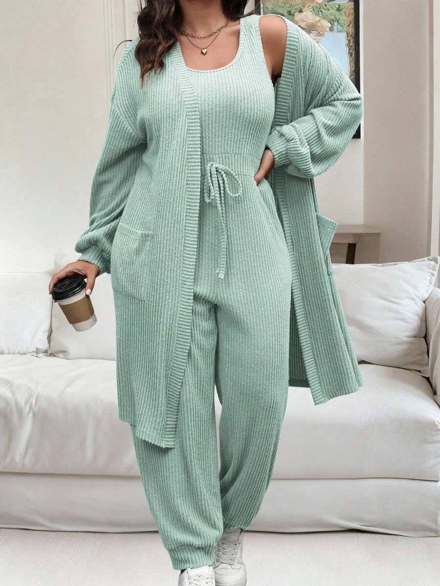 Vionelle 2件套女士纯色无袖连体裤和长袖开衫套装 - 薄荷綠 - 查看 1