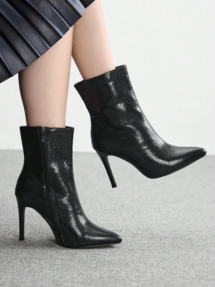 CUCCOO BIZCHIC High-Quality Black Snake Skin Pattern Mid-Calf Boots, Pointed Toe Slim Heel Elegant Women's Boots, Fashionable Versatile New Style Long Boots, Showcasing Feminine Charm And Elegant