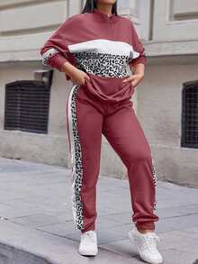 EURMUSE Cotton Plus Leopard Print Colorblock Drop Shoulder Sweatshirt & Sweatpants - Violet Purple - View 1