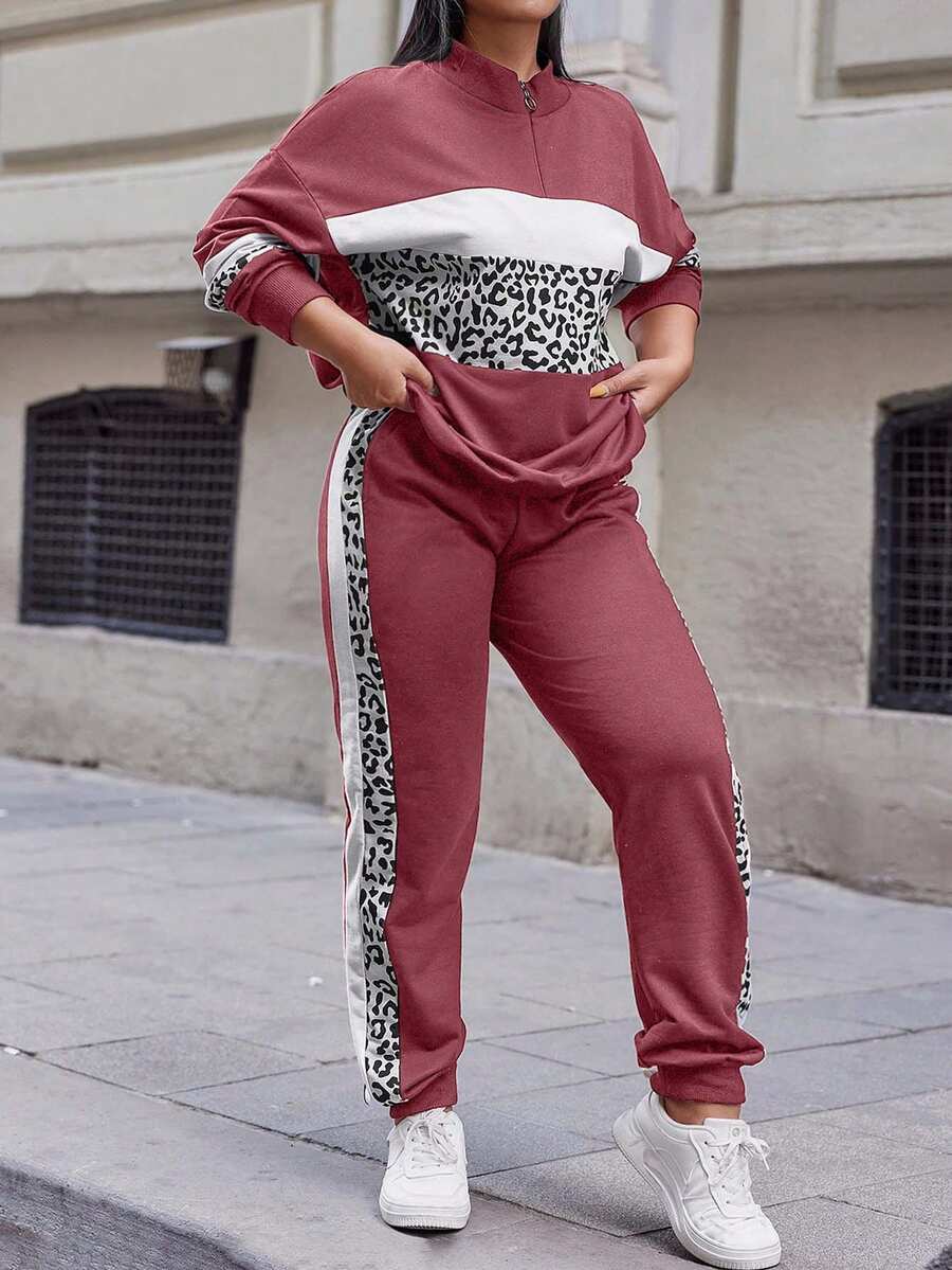EURMUSE Cotton Plus Leopard Print Colorblock Drop Shoulder Sweatshirt & Sweatpants - Violet Purple - View 1