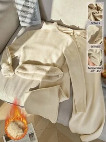 Franclia 2 件套：宽松纯色圆领休闲羊毛运动衫上衣配松紧腰裤 - 杏色 - 查看 3