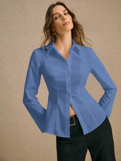 Poéselle 女士抽绳腰优雅前扣长袖休闲衬衫、棉质衬衫、工作衬衫、女士办公室服装、工作服、商务休闲女士、长袖衬衫、正装上衣、秋季女装、商务女士正装、适合工作场所正式场合、优雅外出、办公室警笛风格