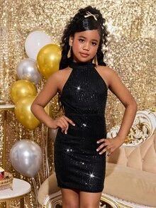 SHEIN Tween Girl Halter Ruffle Sequin Snug Fit Dress, Suitable For Holiday Party Wear - Black - View 1