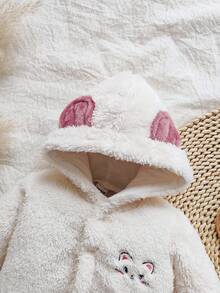 SHEIN 新生儿简约时尚可爱刺绣小猫长袖连帽连体睡衣 - 白色 - 查看 5