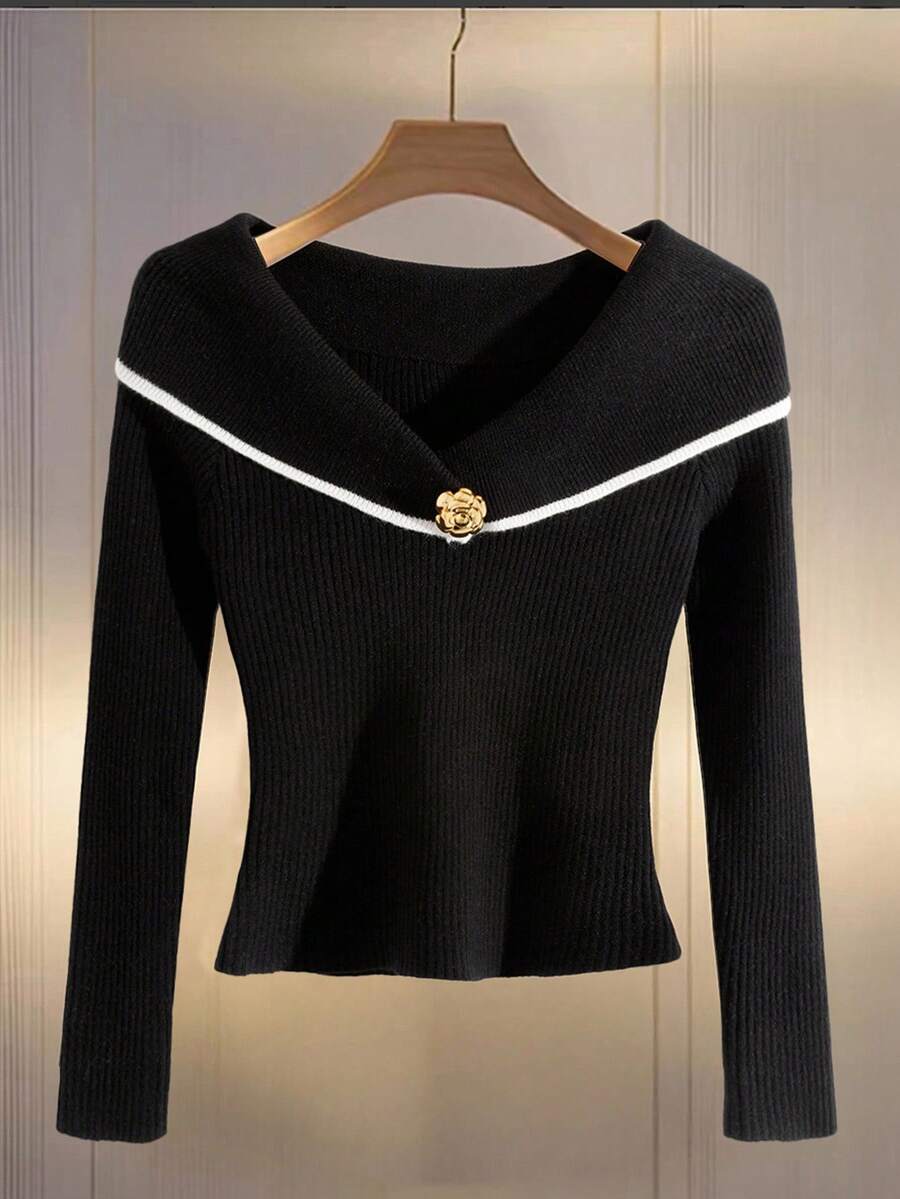 Franclia Áo len dài tay viền tương phản thanh lịch dành cho nữ, Thu/Đông - màu đen - Xem 1
