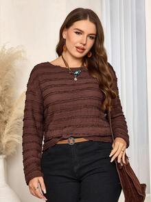 EMERY ROSE Plus Size Women Winter Fall Contry Casual Vacation Round Neck Long Sleeve Top, Autumn/Winter, Brown Long Sleeve Top,Long Sleeve T-Shirt ,Going Out Outfits,2025 New Clothes ,Fall Top,Simple And Fashionable For Everyday Wear,Brown Top ,T-Shirt,Christmas Outfit For Women ,New Year Clothes