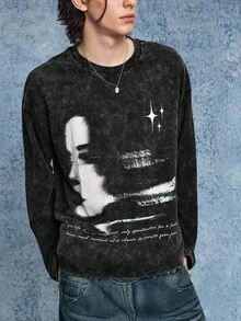 ROMWE MEN Grunge Punk Áo thun nam in họa tiết, dáng rộng, dáng croptop, mùa thu - màu đen - Xem 8