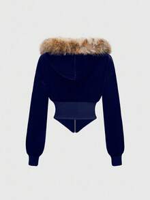 ROMWE J-Fashion 2 件套女式 Y2K 天鹅绒水钻拼布连帽衫上衣和裤子套装 - 藍色 - 查看 8