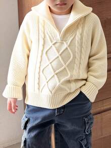 SHEIN Young Boys' Vintage Floral Textured Polo Collar Half-Zip Loose Raglan Pullover Sweater, Thermal Lined Thick Warm For Winter Fall - Apricot - View 1