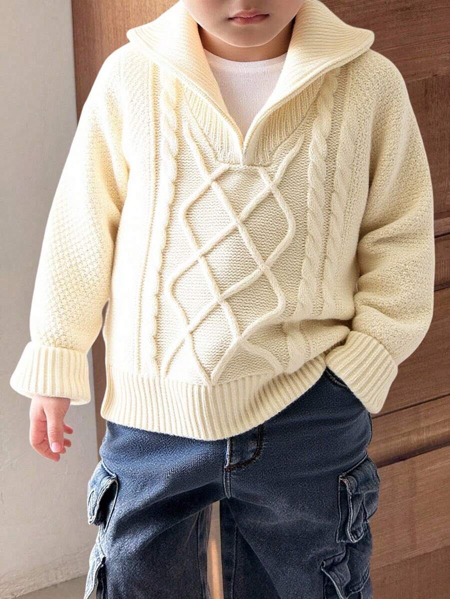 SHEIN Young Boys' Vintage Floral Textured Polo Collar Half-Zip Loose Raglan Pullover Sweater, Thermal Lined Thick Warm For Winter Fall - Apricot - View 1