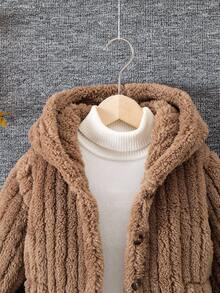 Elladie kids 1 件女童经典街头风连帽长袖毛绒夹克 - 棕色 - 查看 4