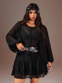 Rustia Plus Size Asymmetrical Ruffled Lantern Sleeve Waist Cinched Vacation Dress - Black - View 5