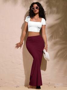 Opulessa 女士纯色腰部褶饰紧身美人鱼裙，优雅度假风 - 中紫紅色 - 查看 6