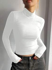 DAZY Áo thun cổ lọ ôm vừa vặn thường ngày cho nữ, Bộ sưu tập thu mới Áo dài tay - trắng - Xem 4