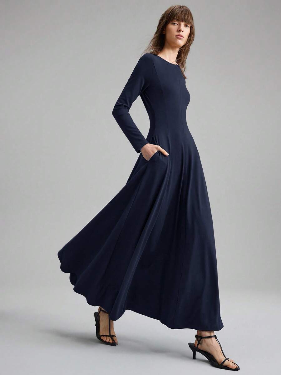 Ontre Vestido de línea A de manga larga y cuello redondo de unicolor versátil para mujer, vestido casual de negocios urbanos, ropa de oficina, uniforme de maestro, vestido de fiesta elegante - Azul Marino - Ver 1