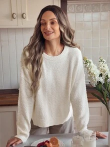 Louniche 柔软蓬松单肩圆领毛衣，秋冬 - 白色 - 查看 4