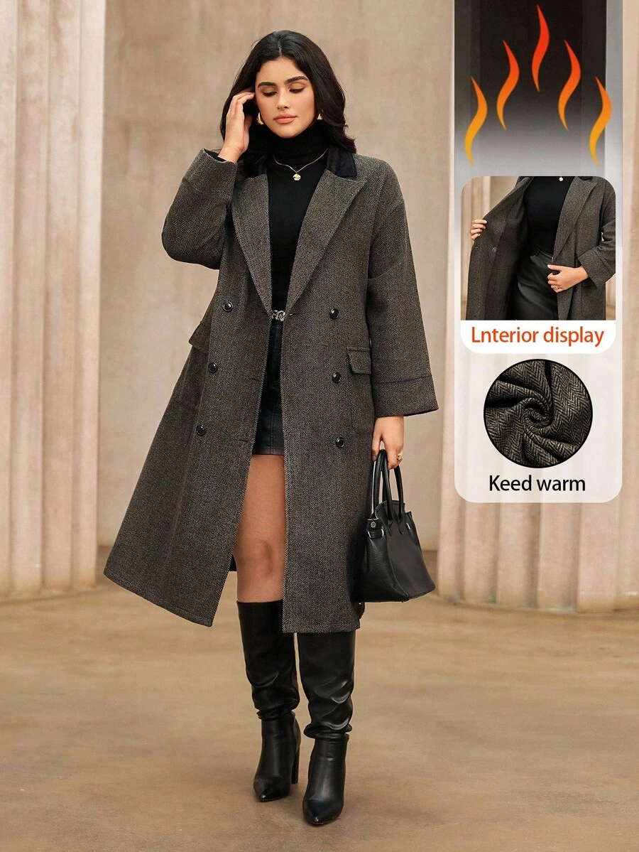 Roveilla 大码女式新款长款撞色拼接翻领羊毛大衣外套，优雅时尚外套 - 棕色 - 查看 1