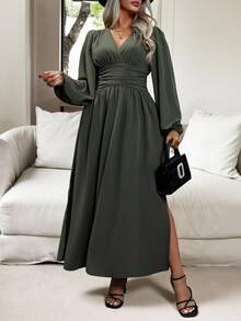 Vionelle Plus Lantern Sleeve Ruched Waist Split Thigh Dress Maxi Women Outfit - Army Green - View 6