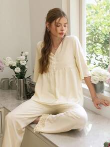 Snug Reverie 女士浪漫清新短袖睡衣套装 - 黃色 - 查看 1