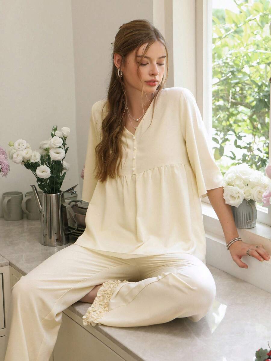 Snug Reverie 女士浪漫清新短袖睡衣套装 - 黃色 - 查看 1