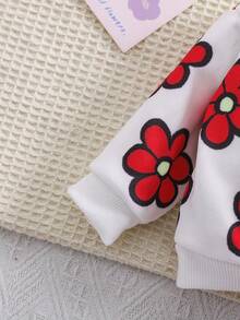 Newborn Baby Girl 2pcs Set, Autumn/Winter Outdoor Casual Pink Knitted Cartoon Floral Fleece Hoodie & Joggers Set, Suitable For Outdoor, Party & Events