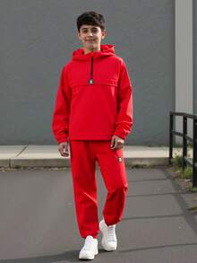SHEIN Bộ 2 chiếc/Bộ áo khoác trùm đầu có khóa kéo nửa đầu và quần chạy bộ có dây rút cho bé trai tuổi teen, phong cách thể thao thường ngày cho mùa thu/đông - Đỏ - Xem 7
