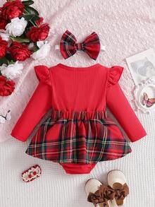Souflis Souflis Baby Girl Round Neck Long Sleeve Plaid Ruffle Hem Cute Dress - Red - View 2