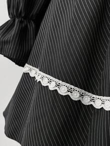 Sunspun Elegantes Herbst/Winter Collegemode süßes gestreiftes Patchwork Design Prinzessinnenkragen Puffärmel Spitzenbesatz Taille gerafft ausgestellter Saum Kleid für Frauen