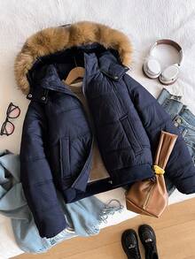 青少年女孩纯色加厚腰部拉链连帽衫，带毛领，防尘，时尚街头风格，适合户外活动和日常穿着，冬季长袖棉夹克，Y2K 酷 - 藏蓝色 - 查看 1