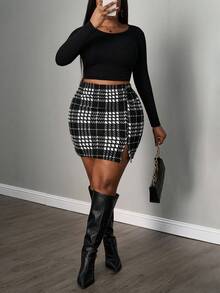 SHEIN PETITE CURVE Plus Plaid Print Split Bodycon Skirt Curve Skirt Skirts For Women Black And White Skirt Slitted Skirt Checkered Skirt