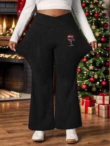 SHEIN PETITE CURVE Legging Wanita Ukuran Plus Petite Motif Gelas Anggur Natal, Pinggang Tinggi dengan Desain Silang, Model Mengembang, Cocok untuk Musim Gugur/Dingin - Hitam - View 4