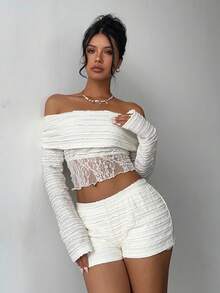 Aloruh Women's Sweet Off Shoulder Apricot Ruffle Lace Patchwork Long Sleeve T-Shirt And Super Short Shorts, Autumn/Winter - Apricot - View 6