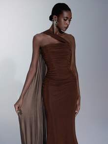 Elitara Elegant Brown Strapless High Stretch Glossy Mesh Ruched Fishtail Asymmetric Shoulder Hanging Flounce Dress, Suitable For Dates, Weddings, Events, Bridesmaid - Brown - View 5