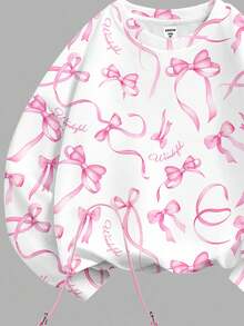 SHEIN 圣诞节，芭蕾风格粉色蝴蝶结丝带印花图案，少女针织圆领字母图案宽松运动衫和喇叭裤两件套休闲套装，适合秋季日常、圣诞派对、街头风格、家居 - 彩色 - 查看 7