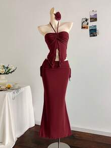 Soleia New Vacation Western Beach Wedding Guest Attire, Graduation Brunch, St. Patrick's Day, Spring Break, Easter, Music Festival, Elegant Bohemian Tropical Strapless Sleeveless Mesh Ruffle Hem Two Pieces Set