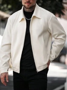 Manfinity CasualCool 男士纯色长袖拉链领口袋休闲夹克，秋冬男士拉链夹克，白色男士夹克，米色男士夹克，短款男士夹克，男士毛衣夹克 - 淡紫色 - 查看 6