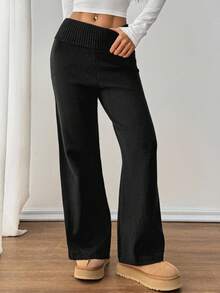 SHEIN PETITE Women's Casual Foldover Waist Knit Pants, Autumn/Winter,Fall,Fall Clothes For Women - Black - View 9