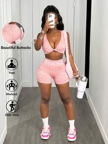 Slaydiva 2pcs Leopard Print Twisted Front Sports Bra And Shorts Co-Ord Set Workout Women Sets