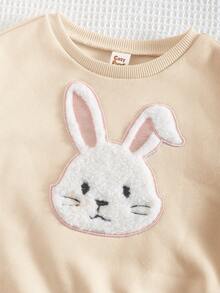 Cozy Pixies 2件套女婴卡通兔子图案针织柔软圆领落肩卫衣和裤子套装 - 杏色 - 查看 7