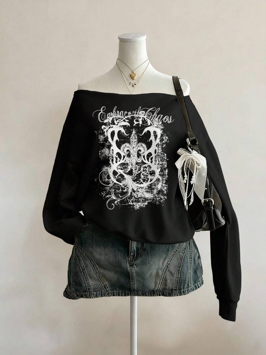 Attitoon Áo nỉ dài tay trễ vai dáng rộng cho nữ, họa tiết bướm cổ điển theo phong cách đường phố chữ cái tiếng Anh Punk, thoải mái cho mùa thu/đông - màu đen - Xem 1