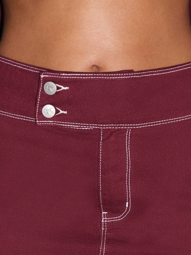 KIZN Contrast Stitched Denim Mini Skirt With Double Button Front
