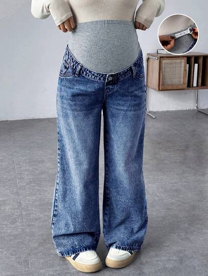 SHEIN Pantalones sueltos de maternidad de pana gris con parches de mezclilla azul