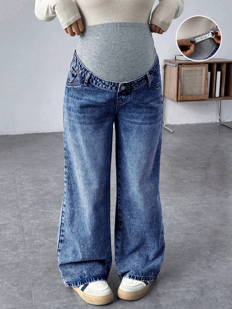 SHEIN Maternity Grey Knit Patchwork Blue Denim Loose Fit Pants - Dark Wash - View 1