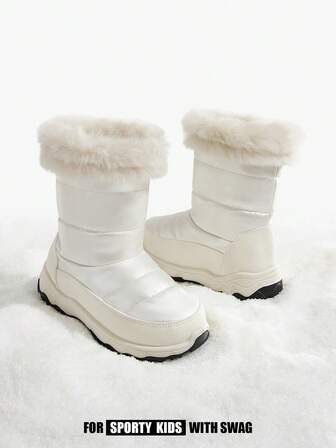 JNSQ 1 Pair Girls/Kids Beige Plush Fashion Easy On/Off Hook And Loop Warm Fleece Snow Boots, Waterproof, Comfortable Casual Winter Boots Suitable For Daily Wear & Sports