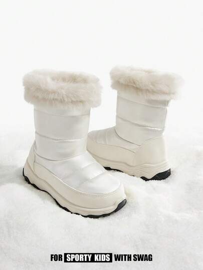 JNSQ 1 par flickor/barn beige plyschiga moderiktiga lätta på- och avtagningsbara kardborreband varma fleece snöstövlar, bekväma vardagliga vinterstövlar lämpliga för vardagsbruk och sport