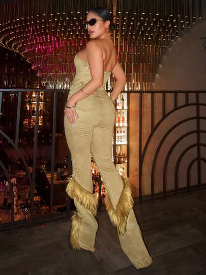 Jeanoix Y2K Women's Halter Single-Breasted Faux Fur Patchwork Denim Jumpsuit