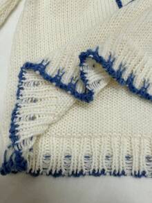 Franclia 大码女式不对称撞色边 3D 花朵针织圆领长袖休闲套头衫，简约风格，适合日常通勤，秋冬 - 米色 - 查看 6