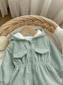 女婴绿色灯芯绒连帽保暖内衬夹克，秋冬 - 綠色 - 查看 4